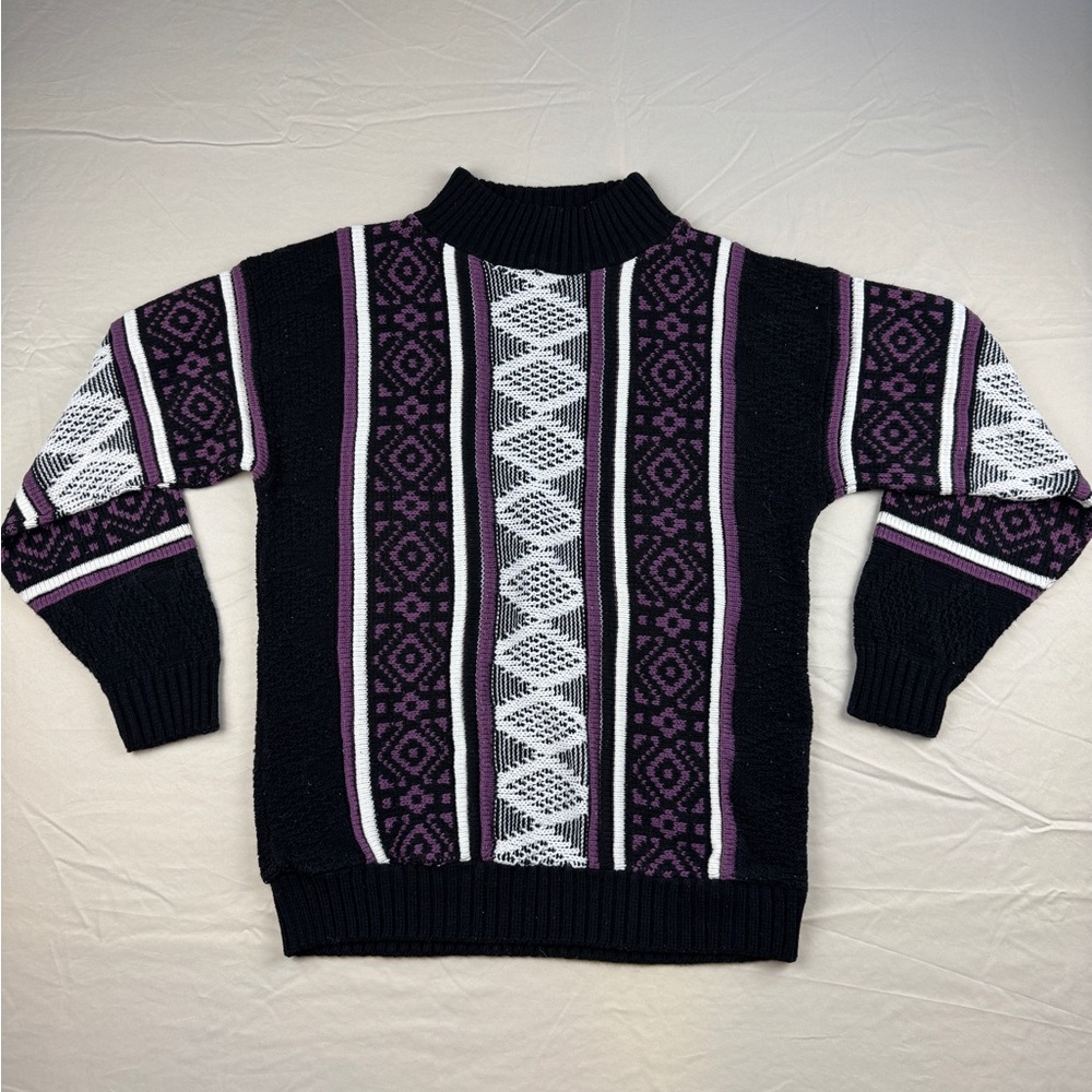 Vintage 3D Knit Mens Sweater Medium Purple Black 90s Y2K Grandpa Cosby Textured